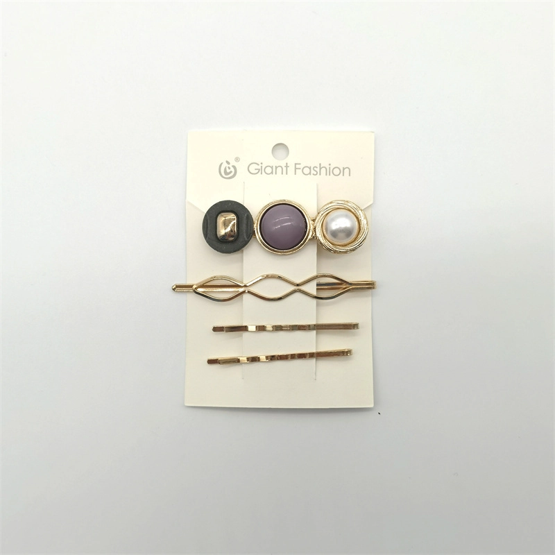 三色圆扣发夹四件套紫树脂珍珠波浪夹金色U型扁夹组合头饰女Crystal Wave Gold Bobby Pins