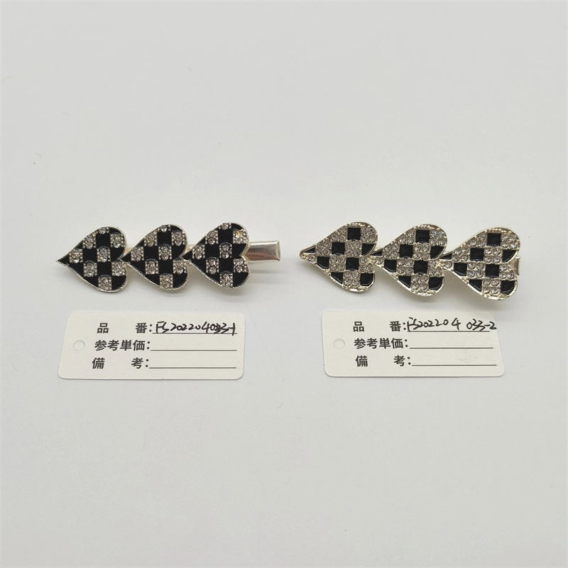Triple Heart Checkerboard Hair Clip Black Crystal Barrette